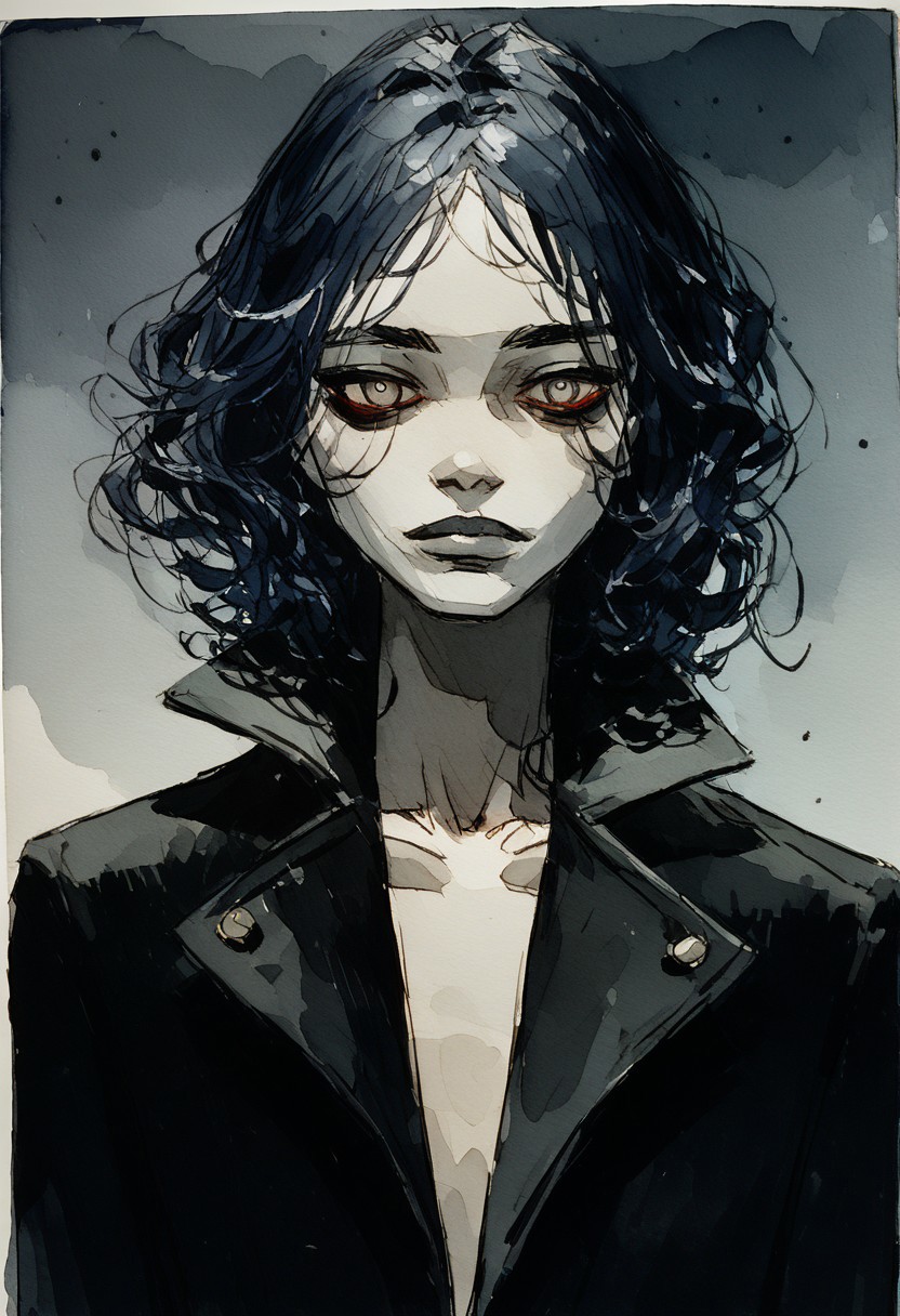 score_9, score_8_up, 1girl, ((Rasputin)), Long black coat, dark colors, ominous,((watercolor painting)), Expressiveh