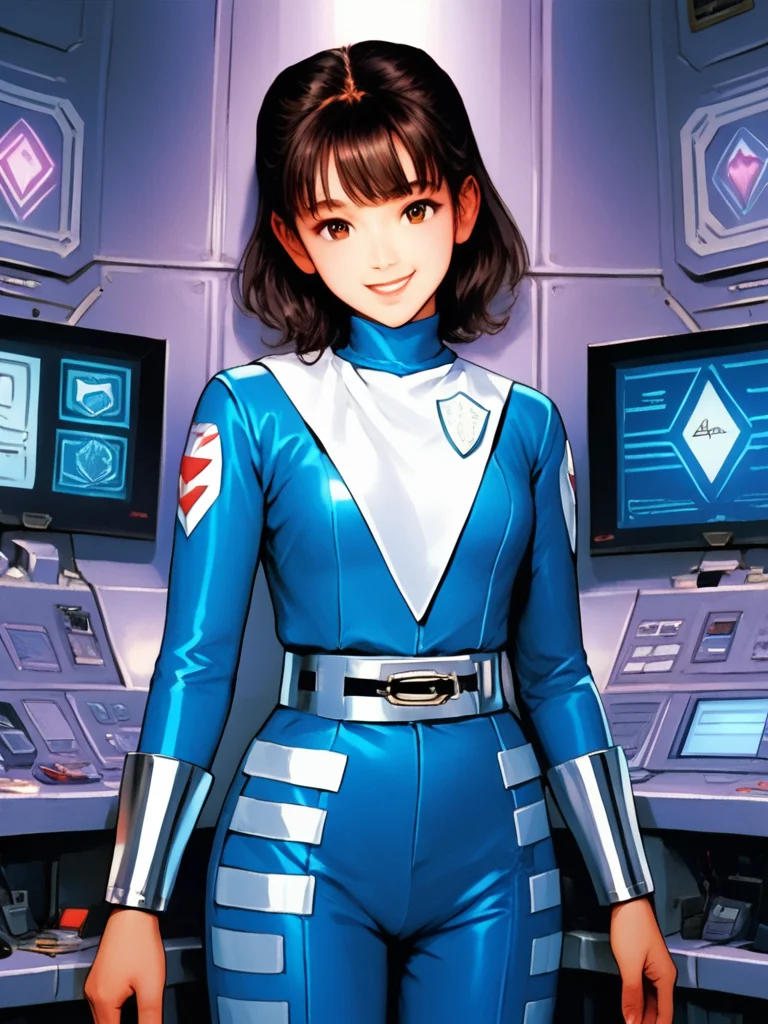 score_9, score_8_up, score_7_up, 1girl,solo, <lora:100_shaider_annie_pdxl:1> anncost3, black hair, shoulder length hair, bangs, brown eyes, Japanese woman, blue bodysuit with white triangle and badge, bodysuit, silver bracers, silver belt, smile, looking at viewer, control room,