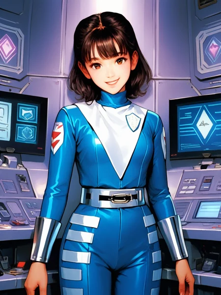 score_9, score_8_up, score_7_up, 1girl,solo,  <lora:100_shaider_annie_pdxl:1> anncost3, black hair, shoulder length hair, bangs, brown eyes, Japanese woman, blue bodysuit with white triangle and badge, bodysuit, silver bracers, silver belt, smile, looking at viewer, control room,