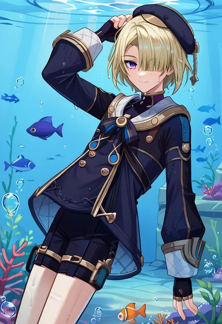 score_9, score_7_up, source_anime
freminet, 1boy, male focus, solo, purple eyes, blonde hair, hair over one eye, freckles, hat, beret, black headwear, diving suit, jacket, blue jacket, long sleeves, buttons, bow, blue bow, gloves, black gloves, fingerless gloves, shorts, black short, smile, profile, looking at viewer
diving, air bubble, bubble, light rays, underwater, fish, swimming, wet, wet hair, diving, cropped_legs
ruins,