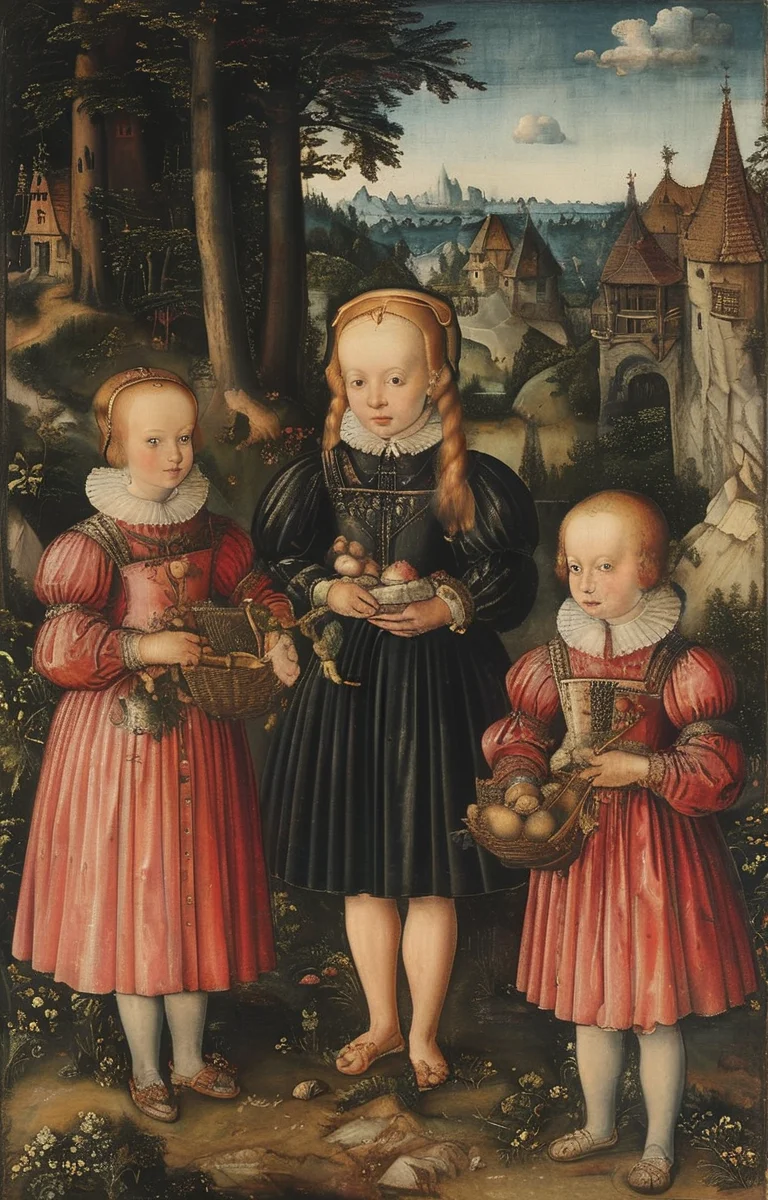 masterpiece,best quality,<lora:tbh282-sdxl:0.9>,illustration,style of Lucas Cranach the Younger portrait of family