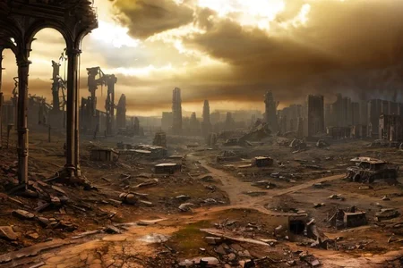 No humans, dark fantasy sci-fi horror post-apocalyptic landscape, super hyperrealistic in 8K in ultra HD,desolate urban ruins, wastelands