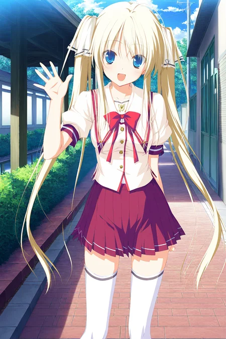 masterpiece,best quality,good quality,rating safe,memoriakomomo, hisakaki_komomo, 1girl, solo, twintails, long hair, blue eyes, blonde hair, school uniform, thighhighs, white thighhighs, zettai ryouiki,game cg,standing,smile,looking at viewer,waving hand,open mouth,outdoor,moonlight