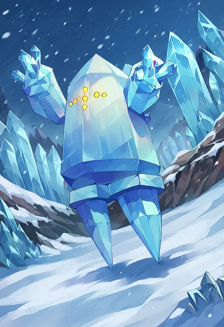 score_9,score_8_up,score_7_up,source_anime,zPDXL3,outdoors,snow,ice,snowing,sky,blue theme,
*//*,<lora:Poke_Regice-Pony:1>,reg_ice,solo,no humans,pokemon (creature),yellow eyes,ice,(crystal:1.2),full body,see-through,clearite,
*//*,cowboy shot,dutch angle,dynamic pose,