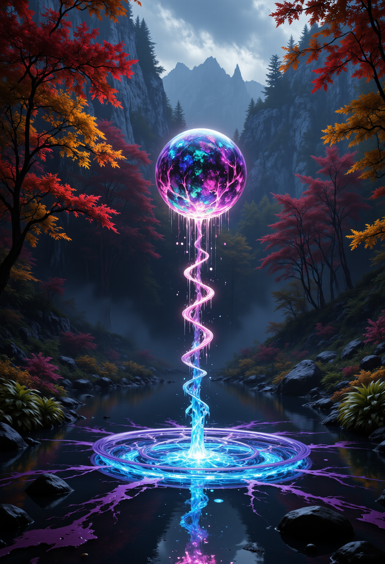 a still mysterious lake, colorful autumn forest background, overcast sky,  a bright brilliant and eerie light emits from the bottom of the lake, a spiraling helix of multiple water tendrils rises up twisting  out of the water, It reaches like ribbons for a large colorful glowing gemstone sphere that is levitating above the lake, mist, highly detailed and cinematic, aidmasoftglow , aidmaMJ6.1, aidmaHyperrealism<lora:MysticFantasydetailer:0.6> <lora:aidmaSoftGlow:0.8> <lora:aidmaHyperrealismv0.3:0.4> <lora:aidmaMJ6.1v0.4:0.4>