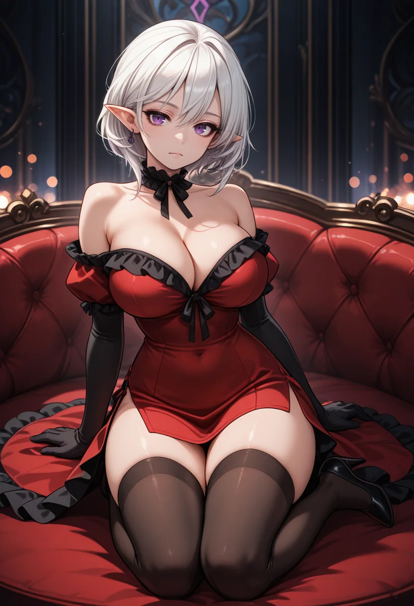 masterpiece, best quality, anime, BREAK 1girl, solo, full body, looking at viewer,expressionless,kneeling,pov,earrings,red dress,tight clothing,cleavage ,frilled choker,(frilled dress),small waist,wide hips,sideslit,high heels, off shoulder, black elbow gloves,arm arm support, indoor,couch,thighhighs, <lora:RealisticAnimeIXL:0.4> bokeh, <lora:Reina-ILXL-V1:1> ms reina,purple eyes, white hair, short hair, large breasts, pointy ears,slender,