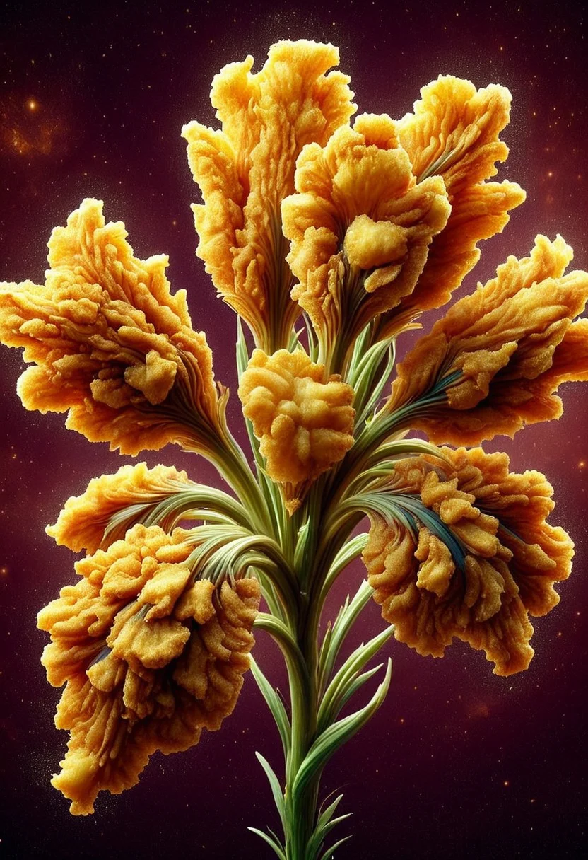 (sculpture iris flower made of deep fried & crispy breading:1.25), DFC, (breaded:0.3), perfect composition, elaborate, (ultra realistic:1.1), detailed background, masterpiece, best quality, highly detailed, hyper-detailed, uhd, vibrant colors, extremely detailed, exquisite detail, intricate, ultra-realistic, ultra-detailed, safe_pos