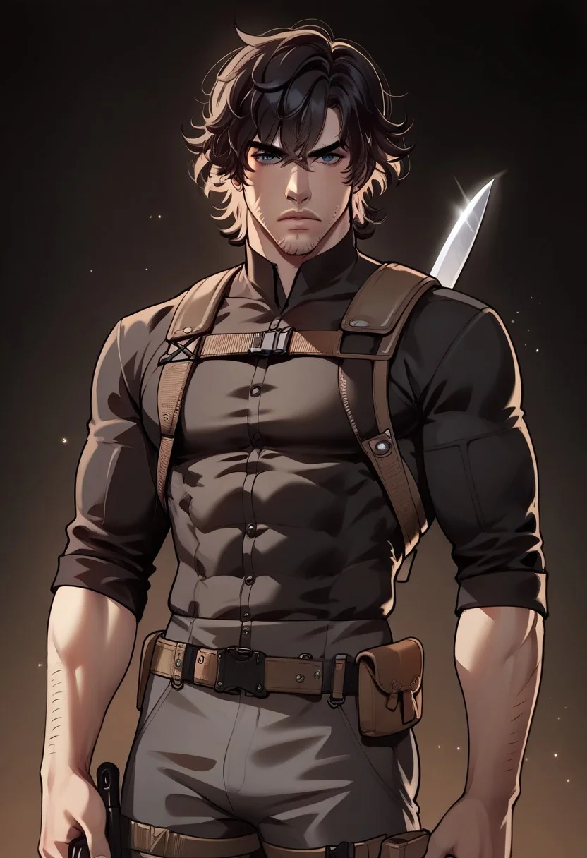 (score_9,score_8_up,score_7_up,score_6_up,score_5_up,score_4_up), tacticalgear,
1boy, marcosoliveira, long black hair, straight hair, wolf cut hair, dark blue eyes, stubble, cowboy shot, solo, looking_at_viewer, strong body, 1boy, solo, male focus, serious, closed lips, tired look, muscular male,
black shirt, shoulder gun holster, holding combat knife, reverse grip. dynamic position, 
dark background, night,
 Expressiveh