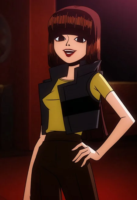 julie, 1girl, bangs, solo, blunt bangs, shirt, vest, lipstick, yellow shirt, black eyes, makeup, long hair, brown hair, black hair, smile, bob cut,open mouth,hand on hip,cowboy shot, looking at viewer,, masterpiece, best quality, amazing quality, very aesthetic, absurdres