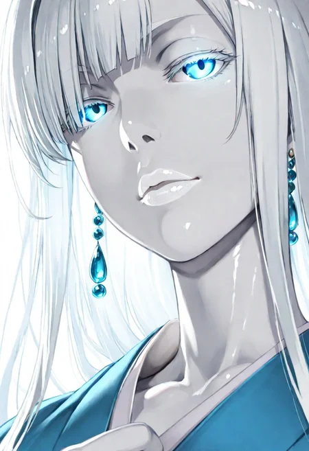 1girl, Yukinoshita Yukino //(Oregairu//) Yuki-Onna, adult woman, earrings, masterpiece, blue kimono, hand up, long hair, hair over eye, white hair, long hair, blunt bangs colored skin, (white skin:1.3) luscious lips, lip gloss, pale lips, white lips, portrait, colored eyelashes, backlighting, blue eyes, glowing eyes, goddess, glossy skin,
