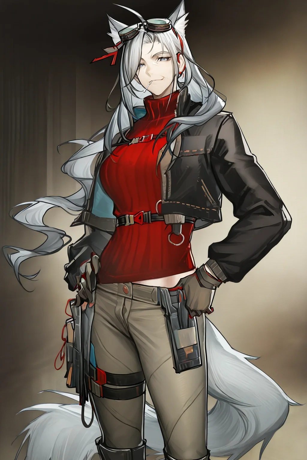 masterpiece,best quality,mature female,<lora:Catherine_arknights:1>,rating:nsfw,masterpiece,best quality,catherine (arknights),1girl,solo,boots,pants,jacket,sweater,black footwear,gloves,grey eyes,looking at viewer,upper body,portrait,old woman,wrinkled skin,