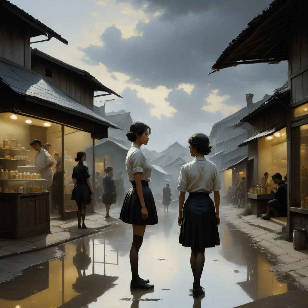 <lora:SDXL_MassiveCowsLoRA_v2E2:1> , (((classical oil painting))), ((Candid))), (((side view of short pretty  Japanese girl standing provocatively outside tea-shop in crowded village))), (leaning), (faded loose summer-top), (tiny skirt), ((black fishnet tights)), ((very-short hair)),  ((gelasin)),  (dramatic sky), puddles, pimps, soldiers, Intricate textures, (high detailed skin:1.7),