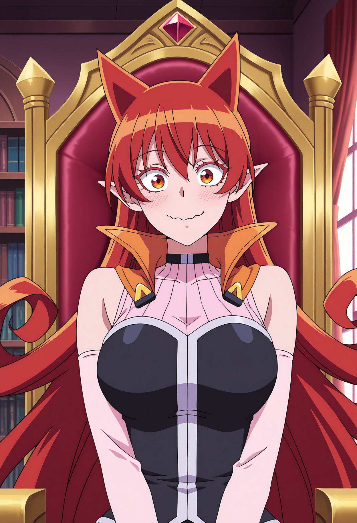 anime screencap, masterpiece, best quality,
<lora:MairimashitaIruma-Kun_AzazelAmeri_IlluXL:0.9>,
1girl, solo, closed mouth, smile, wavy mouth, wide-eyed, blush, excited, happy,
hair horns, curly hair, very long hair, hair between eyes, red hair, orange eyes, pointy ears, colored eyelashes,
black choker, high collar, orange collar, turtleneck shirt, sleeveless shirt, ribbed shirt, pink shirt, black corset, detached sleeves,
sitting, looking at viewer, portrait,
indoors, throne, bookshelf, window, curtains
