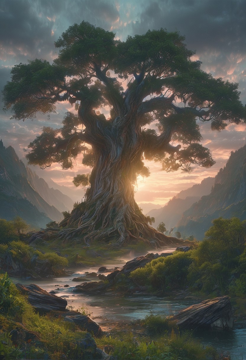 A captivating night scene illustration featuring a large wonderous magical tree overlooking a lake in the Smokey Mountains of Appalachia. The great is ancient but well strong and powerful.  This enchanting artwork captures a serene and peaceful early morning, where the sun is just starting to rise over the beautiful smokey mountains and tree which   stands resolute amidst the forest, creating a cinematic experience., illustration, cinematic
<lora:DonM3t3rn1tyXL-v1.1:0.7>, DonM3t3rn1tyXL,
OverallDetailXL  <lora:MJ52:0.3>  <lora:SDXLFaeTastic2400:0.4>  <lora:EpicF4nta5yXL:0.7>