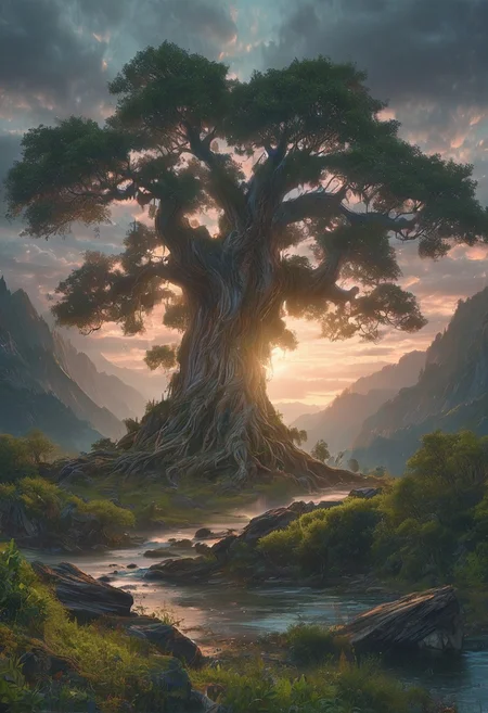 A captivating night scene illustration featuring a large wonderous magical tree overlooking a lake in the Smokey Mountains of Appalachia. The great is ancient but well strong and powerful. This enchanting artwork captures a serene and peaceful early morning, where the sun is just starting to rise over the beautiful smokey mountains and tree which stands resolute amidst the forest, creating a cinematic experience., illustration, cinematic
<lora:DonM3t3rn1tyXL-v1.1:0.7>, DonM3t3rn1tyXL,
OverallDetailXL <lora:MJ52:0.3> <lora:SDXLFaeTastic2400:0.4> <lora:EpicF4nta5yXL:0.7>