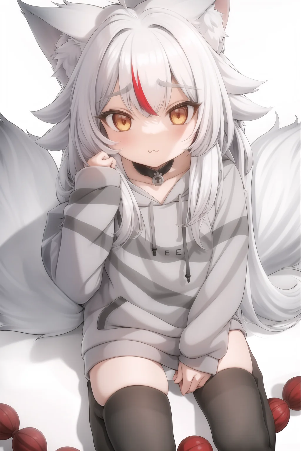 1girl, white hair, fox ears, fox tail, little girl, black stockings, grey hoodie, red hair, red fringe, kamiko, kamiko_kana