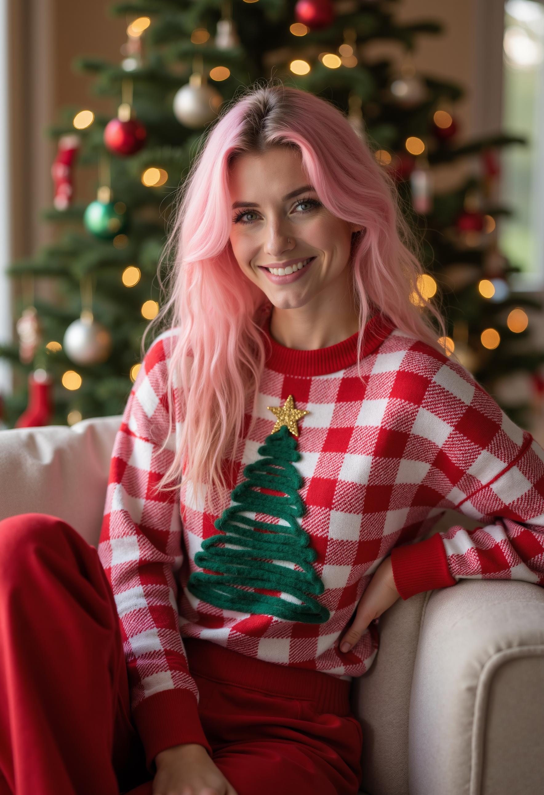 clo031, full body shot, beautiful woman, pink styled hair, smiling, wearing a red-and-white checkered knit sweater with a fuzzy green Christmas tree design and a gold star on top, soft textures, long cozy pants, red christmas socks. sitting on a couch in front of a christmas tree, in a cozy living room