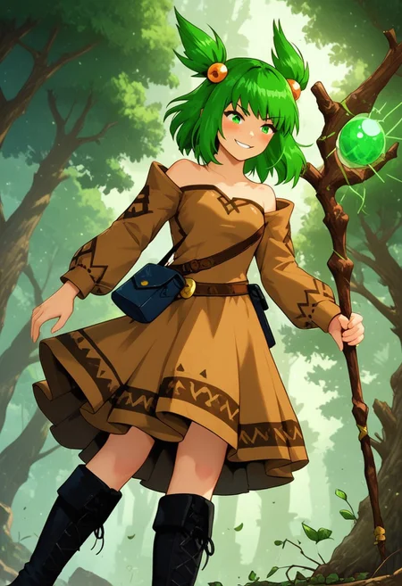 Action Scene, Action Pose, score_9, score_8_up, score_7_up, realistic, masterpiece, best quality, highly detailed, Expressiveh, flushed, Leg,
1girl, Anna, (/Epic Battle Fantasy)/,(ultra HD quality details), green hair, green eyes, medium hair, multiple ponytails, hair ornament,
brown dress, long sleeves, bare shoulder, leather bag, satchel pouch bag, satchel bag, pouch bag, black boots, boots, black boot belt, black pouch bag, branch staff, magic staff, tree staff,
Low Angle View, smug smiling, Bangs, darkness, blushed skin, galaxy vortex, translucent hair, smug Smile,