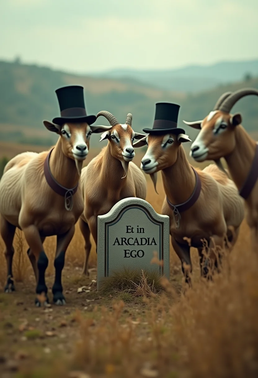 A surreal, ironic scene from the masterpiece âArcadia Egoâ by J.L. Dubois is depicted in this extraordinary photograph. The composition shows a group of goats in top hats and tails gathered around a gravestone with the enigmatic inscription âEt in Arcadia Egoâ. The earth-colored landscape with its rolling hills and lush vegetation provides a tranquil backdrop for this unexpected gathering. The photographer's artful use of blur adds to the dreamlike quality of the image, while maintaining enough clarity to make out the details of the goats' clothing. The overall tone is fun and light-hearted, conveying a sense of amusement and whimsy. The impressionistic lighting and color palette add to the cinematic atmosphere, transporting the viewer to a world where goats have taken over the world.