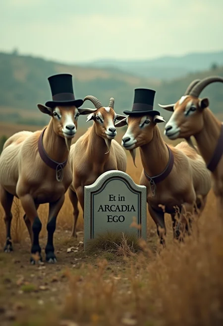 A surreal, ironic scene from the masterpiece âArcadia Egoâ by J.L. Dubois is depicted in this extraordinary photograph. The composition shows a group of goats in top hats and tails gathered around a gravestone with the enigmatic inscription âEt in Arcadia Egoâ. The earth-colored landscape with its rolling hills and lush vegetation provides a tranquil backdrop for this unexpected gathering. The photographer's artful use of blur adds to the dreamlike quality of the image, while maintaining enough clarity to make out the details of the goats' clothing. The overall tone is fun and light-hearted, conveying a sense of amusement and whimsy. The impressionistic lighting and color palette add to the cinematic atmosphere, transporting the viewer to a world where goats have taken over the world.