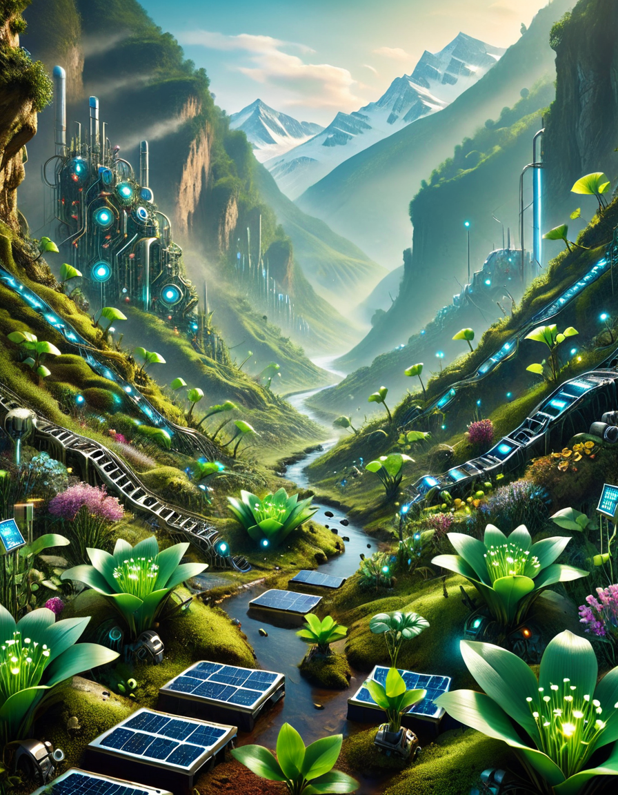 cinematic still mechplantslora, landscape, valley, tech, biotech . emotional, harmonious, vignette, 4k epic detailed, shot on kodak, 35mm photo, sharp focus, high budget, cinemascope, moody, epic, gorgeous, film grain, grainy, mechplantslora, landscape, valley, tech, biotech,Cinematic Lighting, Dramatic lighting, high contrast, detailed shadows, high-resolution, mechplantslora, landscape, valley, tech, biotech, dramatic background, colorful, cinematic, symmetry, highly detailed, advanced, deep color, magical, thought, magic, epic, sharp focus, surreal, artistic, imposing, amazing, breathtaking, creative, pure, vibrant, beautiful, light, incredible, very intricate, perfect, peaceful, wonderful, futuristic
