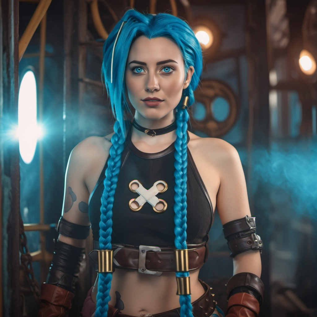 cinematic photo cinematic photo a woman,  blue hair and braids is posing for a picture, steampunk background <lora:Jinx1024-000260:0.8> . 35mm photograph, film, bokeh, professional, 4k, highly detailed