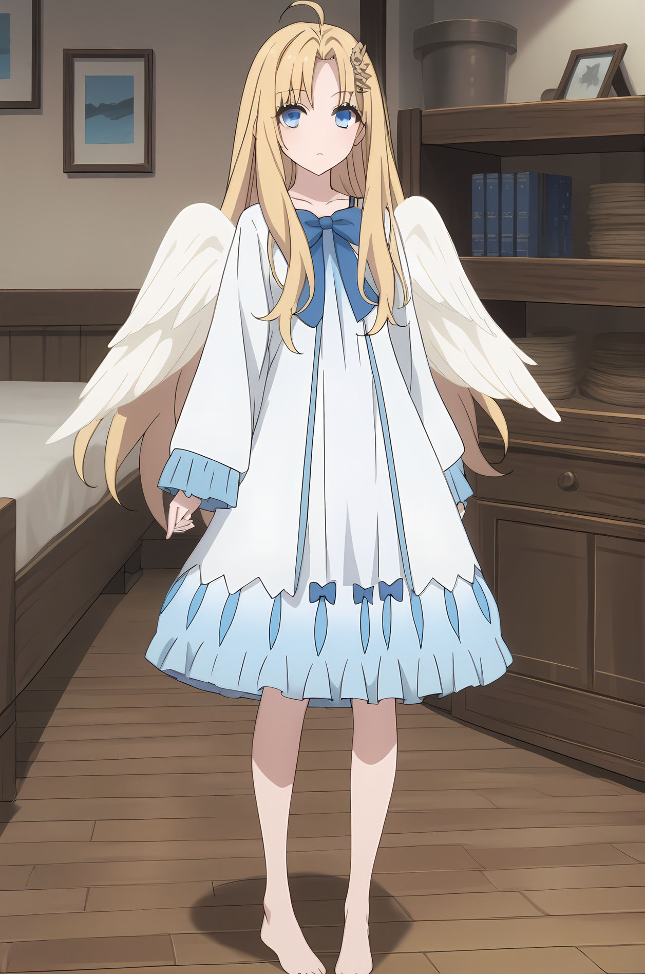 (white dress blue bowtie:1.40), sh-filo, white wings, long hair, parted bangs, ahoge, hair ornament, blue eyes, 1girl, solo, skinny, (score_9, score_8_up, score_8, score_7_up), score_7, score_6_up, score_6, source_anime,
(horny:1.20),
(indoors:1.20),
(standing:1.30),
(:1.30), <lora:sh-filo-V01:1.00>, (medium breasts), [bare legs, barefoot]