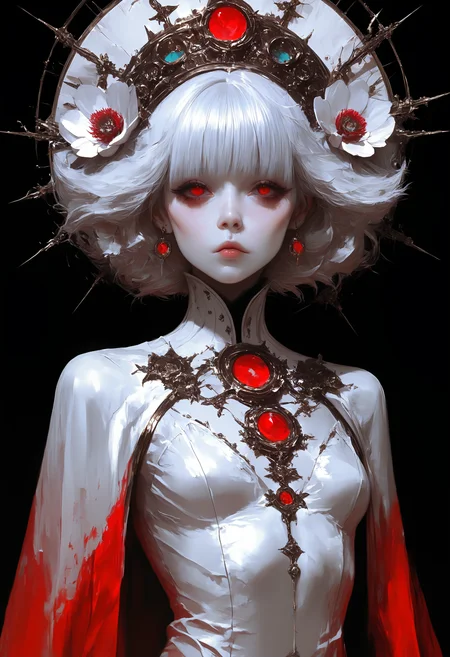 masterpiece, best quality, good quality, very awa, very aesthetic, absurdres, newest, 1girl, solo, looking_at_viewer, short_hair, simple_background, hair_ornament, red_eyes, dress, closed_mouth, jewelry, white_hair, flower, earrings, small_breasts, parted_lips, blunt_bangs, hair_flower, white_dress, cape, lips, colored_skin, expressionless, white_flower, black_background, gem, brooch, pale_skin, white_skin, high_collar, headdress, white_cape, red_gemstone, white_theme, opill