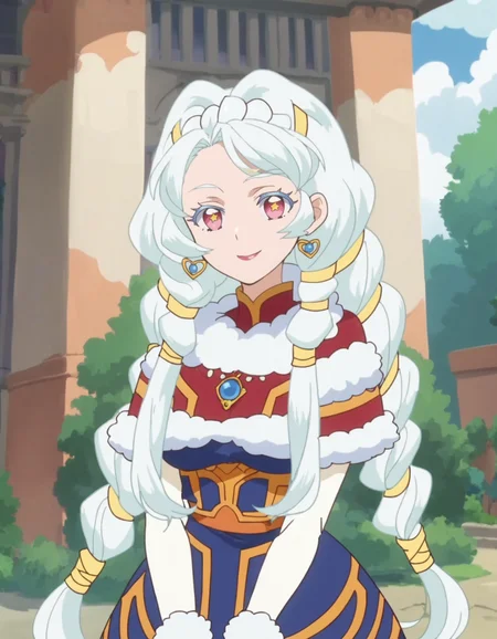 score_9, score_8_up, score_7_up, anime screencap, solo,1girl,sharon,white hair, smile, jewelry,hair onament, looking at viewer, dress, earrings,braid, capelet, fur trim, twin braids,medium breasts,cowboy shot <lora:sharon_pony:0.8>