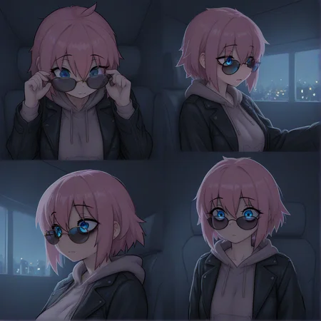 masterpiece, best quality, amazing quality, very aesthetic, absurdres, newest, scenery, , solo, 1girl, pink_hair, blue_eyes, leather jacket, hoodie, tired, short_hair, bags_under_eyes, adjusting_eyewear, sunglasses, hitori_bocchi, multiple views, (colorful), ozon, masterpiece, best quality, amazing quality, very aesthetic, absurdres, newest, scenery, volumetric lighting, colorful clothes, <lora:0956_Red_flowers_everywhere_v1_pony:0.5> <lora:OZON:1.5> <lora:noobai_ep11_stabilizer_v0.11_fp16:1.0>