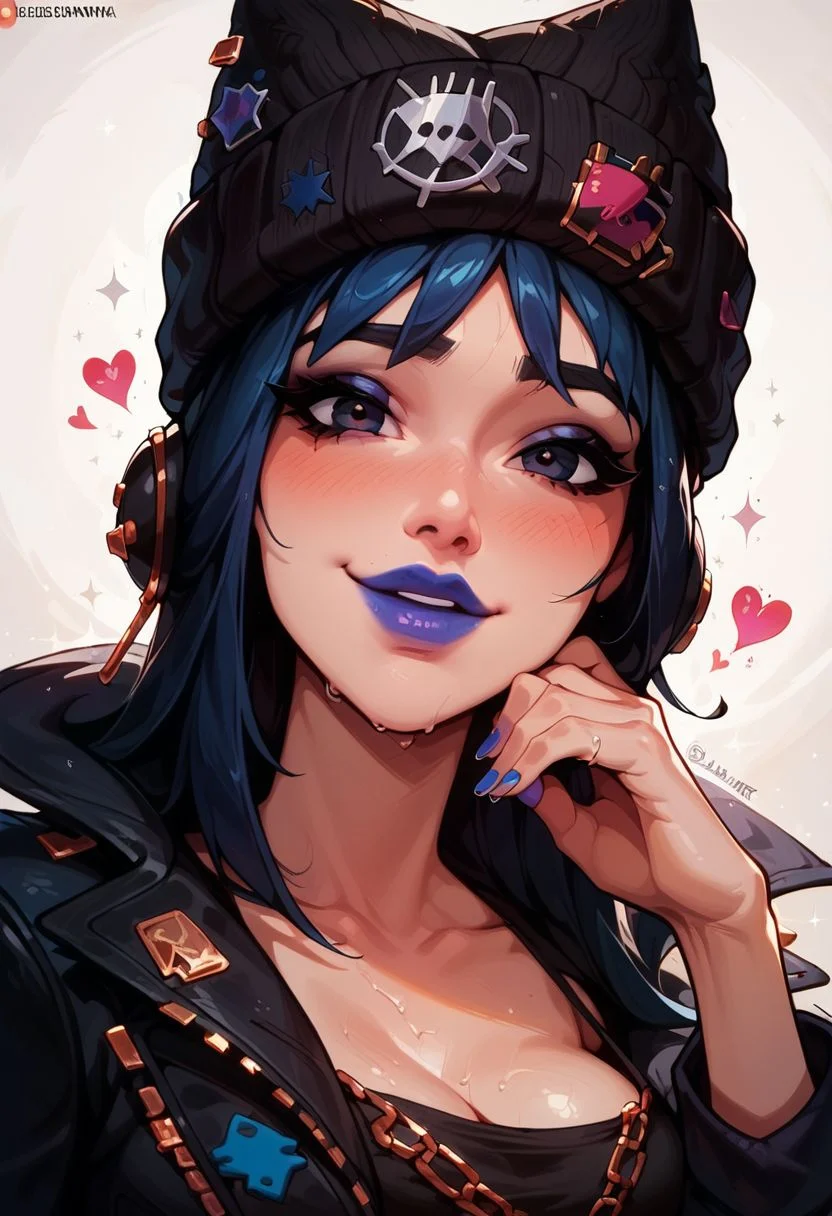 score_9, score_8_up, score_8, score_9, professional portrait, hope_fortnite, seductive face, love face, sparkle, love, heart, blue hair, beanie, head resting on hand, pyjama, relax cloth, hoodie, blue lipstick, looking at viewer, tilted head, smiling, close picture, posing, posing at an angle, dynamic sexy pose, medium breasts, medium perfect round breasts, toned body, cute face, very sexy, very cute, adorable, shiny skin, wet skin, volumetric lighting, aesthetic design, dramatic angle, dramatic framing, cinematic framing,