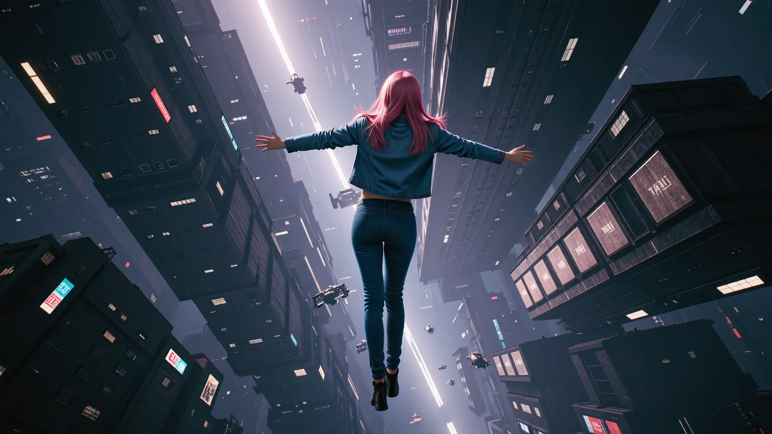 Top-down view of a pink-haired girl in free fall,her arms outstretched. She wears a worn denim jacket and tight-fitting jeans,with the wind whipping through her long hair. Below,a bottomless cyberpunk cityscape glows with neon lights piercing through towering skyscrapers. Streets form a complex grid,and hovering vehicles streak across the night sky. Cyberpunk aesthetic,strong light and shadow contrast,futuristic atmosphere.,<lora:kcyberpunk-01:0.5>,kcyberpunk,<lora:yuukananri-base-02-flux:0.8>,yuukananri,she has a slender physique and a petite build,