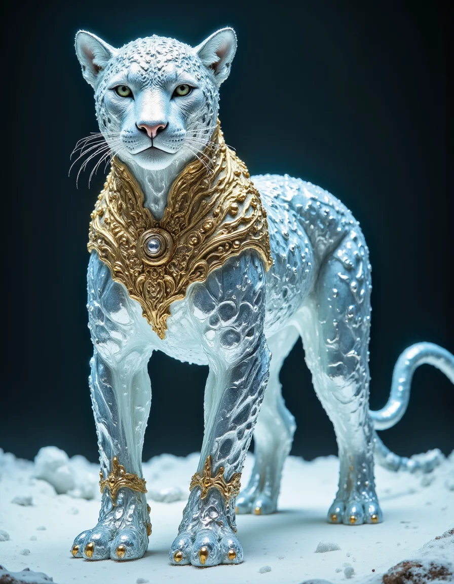 A highly detailed realistic photograph depicting a fantastical mythic scene in Fanmytwor style.
A mythical surreal silver leopard made of ice and gold, full-body view, standing on a stage.