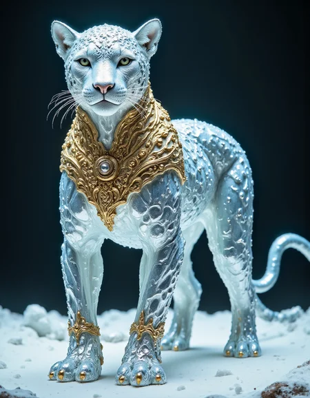 A highly detailed realistic photograph depicting a fantastical mythic scene in Fanmytwor style.
A mythical surreal silver leopard made of ice and gold, full-body view, standing on a stage.
