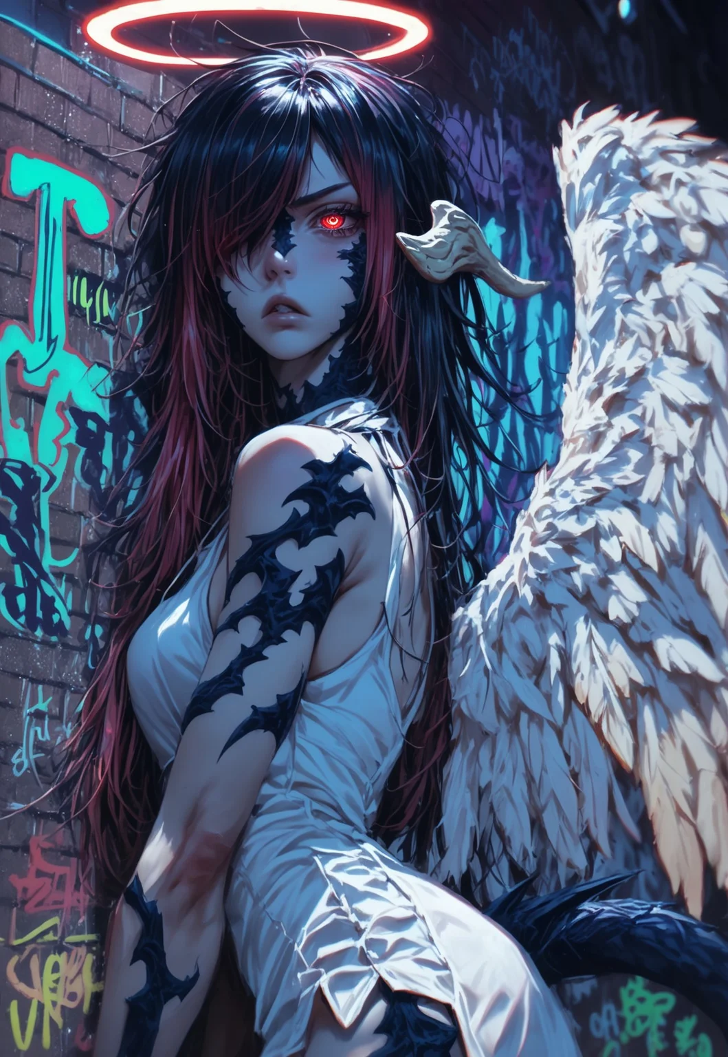(score_10, score_9_up, score_9, score_8_up, score_7_up, score_6, score_5, score_4, source_anime), (sketch drawing), (digital painting), (fine line work), (best quality), (extremely detailed), (highest quality), (intricate linework), (intricate details), (detailed face), (detailed eyes), (parted lips), (Expressiveh)
1girl,au ra, xaela, (pouting:1.4), long hair, messy hair, red highlights, hair over one eye, red eyes, sharp eyes, (angel, halo over head, angel wings:1.2), brick wall, graffiti, (glowing graffiti:1.4), (glowing tattoos1.4), (glow, glowing, neon lights:1.4), (blacklight:1.4), in dark, (white halterneck short dress:1.1), (white thigh high:1.1)