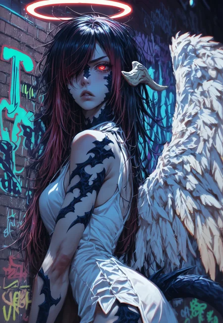(score_10, score_9_up, score_9, score_8_up, score_7_up, score_6, score_5, score_4, source_anime), (sketch drawing), (digital painting), (fine line work), (best quality), (extremely detailed), (highest quality), (intricate linework), (intricate details), (detailed face), (detailed eyes), (parted lips), (Expressiveh)
1girl,au ra, xaela, (pouting:1.4), long hair, messy hair, red highlights, hair over one eye, red eyes, sharp eyes, (angel, halo over head, angel wings:1.2), brick wall, graffiti, (glowing graffiti:1.4), (glowing tattoos1.4), (glow, glowing, neon lights:1.4), (blacklight:1.4), in dark, (white halterneck short dress:1.1), (white thigh high:1.1)