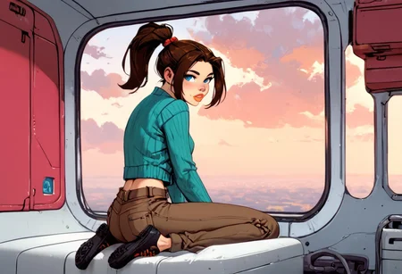 score_9, score_8_up, score_7_up,score_6_up, 
1girl, solo, ((inside airplane)), sitting in airplane, sky, clouds, luggage,
ktprd, high ponytail, blue eyes, bumpy nose, orange lips, turquoise midriff sweater, long sleeves, brown cargo pants, shoes,
<lora:PerfectEyesXL:0.8>,