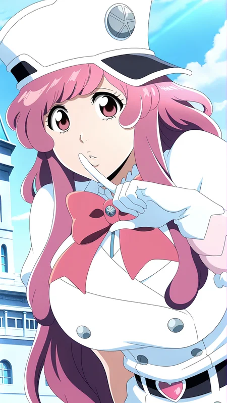 source_anime, masterpiece, best quality, amazing quality, anime screencap, high quality, 8k, absurdres, official style, day, <lora:Meninas_McAllon_iL:1>, m3n1n45 mc4110n, pink hair, pink eyes, long hair, sternritter outfit, breasts, large breasts, gloves, hat, bow, heart, belt, shako cap, gloves, looking at viewer, upper body, finger to mouth