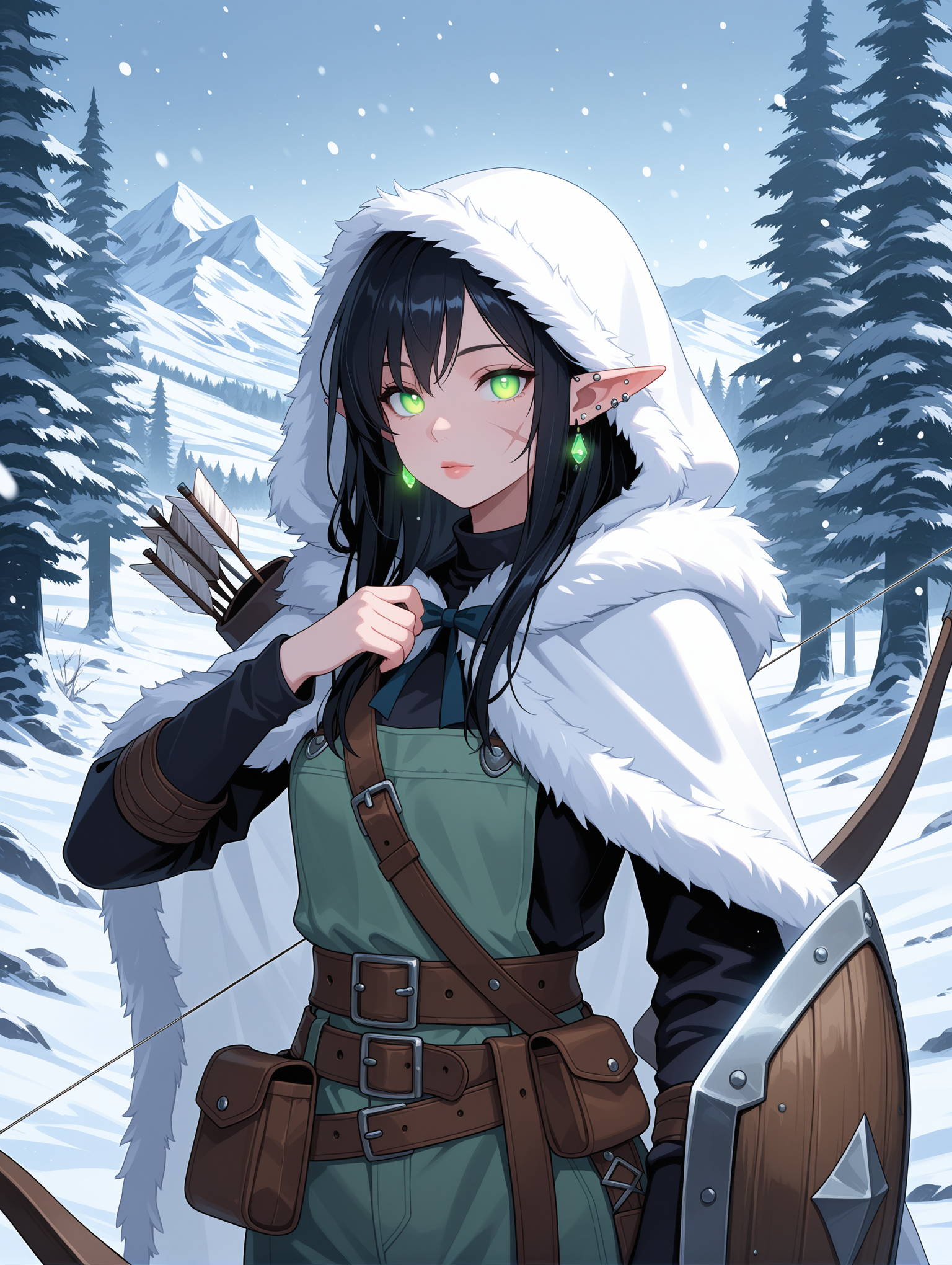 dalsket, The image is a digital illustration of a young woman with long dark hair and green eyes. She is wearing a white hooded cloak with a fur stole draped over her shoulders. She has a bow and arrow in her right hand and a shield in her left hand. The woman is standing in a snowy landscape with trees and mountains in the background. The sky is blue and the overall mood of the image is peaceful and serene., 1girl, solo, long_hair, looking_at_viewer, black_hair, holding, jewelry, green_eyes, upper_body, weapon, outdoors, earrings, pointy_ears, day, belt, hood, holding_weapon, cape, from_side, tree, fur_trim, lips, glowing, scar, piercing, ear_piercing, elf, nature, scar_on_face, cloak, glowing_eyes, hood_up, snow, forest, pouch, snowing, bow_\(weapon\), scar_across_eye, mountain, arrow_\(projectile\), fantasy, scar_on_cheek, white_cape, winter, holding_bow_\(weapon\), quiver, pine_tree,
,masterpiece,best quality,amazing quality,