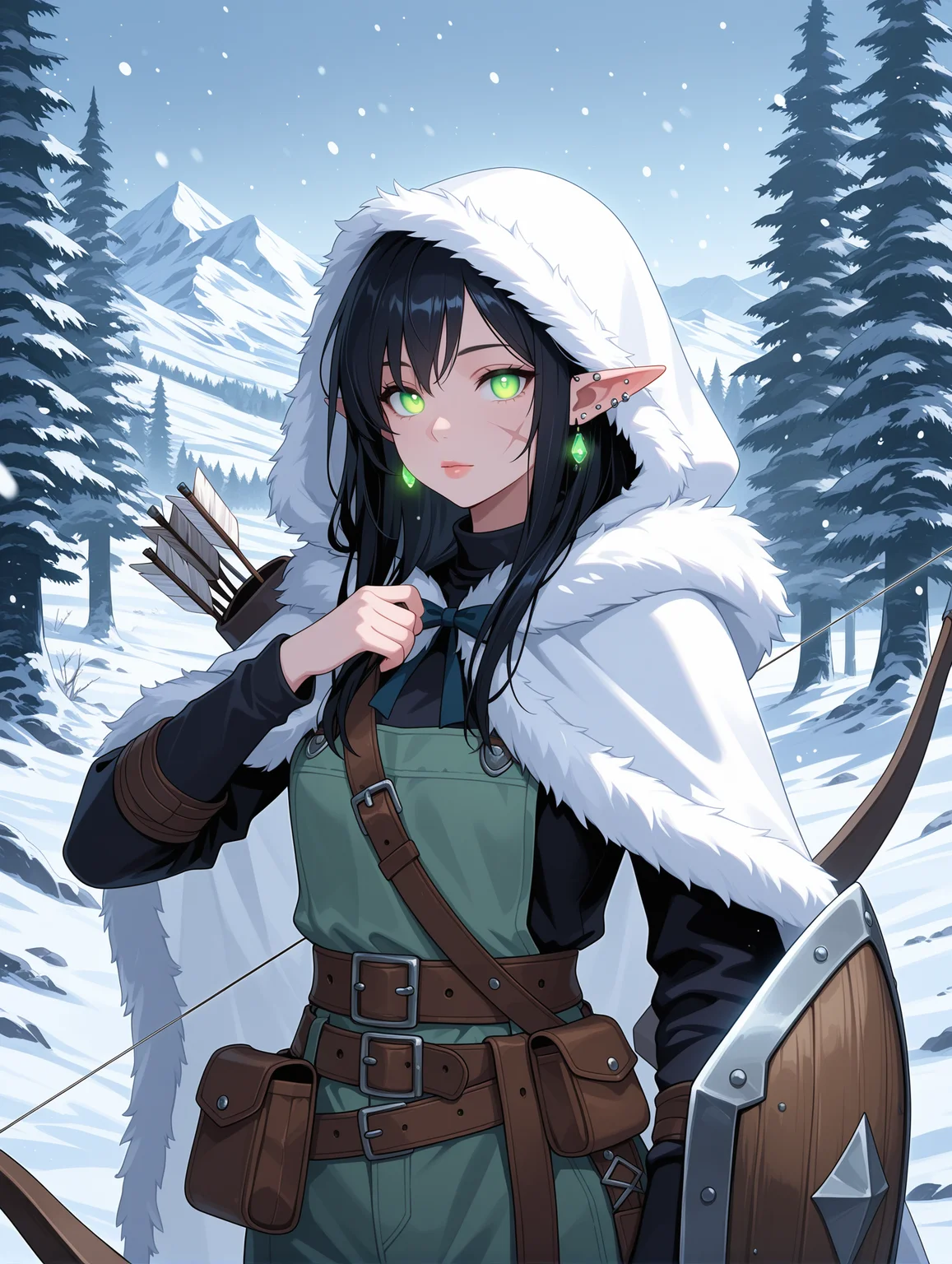 dalsket, The image is a digital illustration of a young woman with long dark hair and green eyes. She is wearing a white hooded cloak with a fur stole draped over her shoulders. She has a bow and arrow in her right hand and a shield in her left hand. The woman is standing in a snowy landscape with trees and mountains in the background. The sky is blue and the overall mood of the image is peaceful and serene., 1girl, solo, long_hair, looking_at_viewer, black_hair, holding, jewelry, green_eyes, upper_body, weapon, outdoors, earrings, pointy_ears, day, belt, hood, holding_weapon, cape, from_side, tree, fur_trim, lips, glowing, scar, piercing, ear_piercing, elf, nature, scar_on_face, cloak, glowing_eyes, hood_up, snow, forest, pouch, snowing, bow_\(weapon\), scar_across_eye, mountain, arrow_\(projectile\), fantasy, scar_on_cheek, white_cape, winter, holding_bow_\(weapon\), quiver, pine_tree,
,masterpiece,best quality,amazing quality,