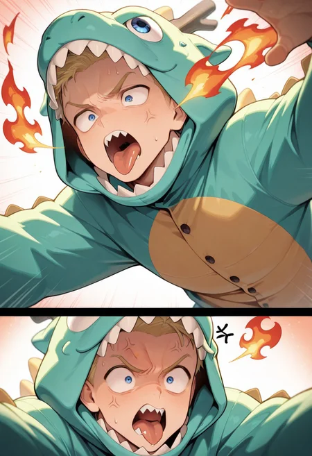 masterpiece,best quality,amazing quality, 1boy, Sennibar O, funny_face, eye pop, sharp teeth, eyes vein lines, open mouth, tongue out, srpouting fire, dragon costume