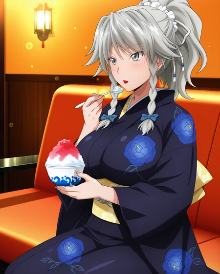 anime screencap,masterpiece,best quality,
8K quality,cinematic lighting,bokeh,HDR,high contrast,amazing quality,very aesthetic,high resolution,ultra-detailed,absurdres,
shiny skin,
BREAK
indoors,
BREAK
grayfia lucifugedxd,
1girl,solo,big breasts,grey hair,lipstick,grey eyes,red lips,makeup,
<lora:Grayfia_Lucifuge_IL_DXD:0.8>,
black kimono,print kimono,hair_bun,hairclip,high ponytail,
holding,shaved ice,spoon,
full body,
