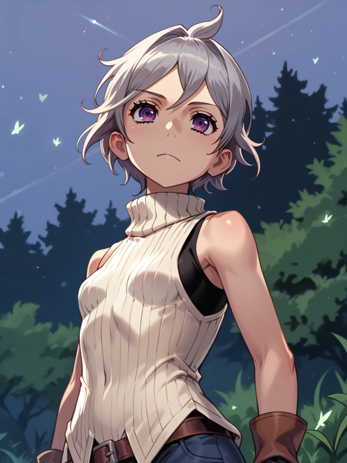 (cowboy shot, solo:1.1) <lora:happy_tentacle-ato-v0.4-000014:1>, ht_ato, fairy, body fur, silver hair, purple eyes, 1girl, small breasts, petite, <lora:Shed_The_Skin's StS_age_slider_v1_initial_release:-1> ( (sleeveless :1.1) :1.1) ( (head back :0.8) , , ( :1.2) , , (looking down:1.2) :1.1) , outdoors, vegetation, ( :1.1), , (night, night sky :0.6), , (:0.5), people , (science fiction :0.8), sleeveless shirt, (turtleneck sweater:1.2) ( :0.8) score_9, score_8_up, score_7_up, score_6_up, score_5_up, score_4_up, [(realistic, photorealistic:1.2):(realistic:1.2):12] [(3d:1.2)::10] <lora:LUUNA's Lunas-NijiJourney-SDXL-B2:0.35>, nijijourney <lora:prgfrg23's Counterfeit-V3.0 Style SDXL_LoRA_Pony Diffusion V6 XL:0.35> <lora:mfcg's mfcgXL:0.12> <lora:reweik's gyokai(himehajime)_PonyXL_style_v01:0.14>