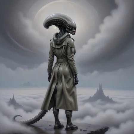 artwork of female xenomorph, painting Wanderer above the Sea of Fog, alien planet moon, rear and backview-sideview, trenchcoat over tail, smirking lips, foggy clouds<lora:female_xenomorph_sdxl_V2:0.8>