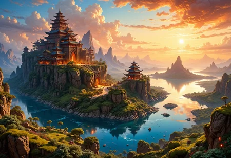 A high-angle view of a magnificent medieval fantasy city inspired by China, nestled along a wide, serene river. Towering buildings rise gently toward the center, adorned with intricate rooftops and vibrant banners fluttering in the breeze. The sunset casts a warm glow, illuminating the scene with hues of orange and gold, creating reflections upon the water. Lush greenery lines the riverbank, and lanterns begin to light up, adding to the ethereal ambiance. A detailed watercolor painting capturing the enchanting beauty of this urban landscape under the evening sky.