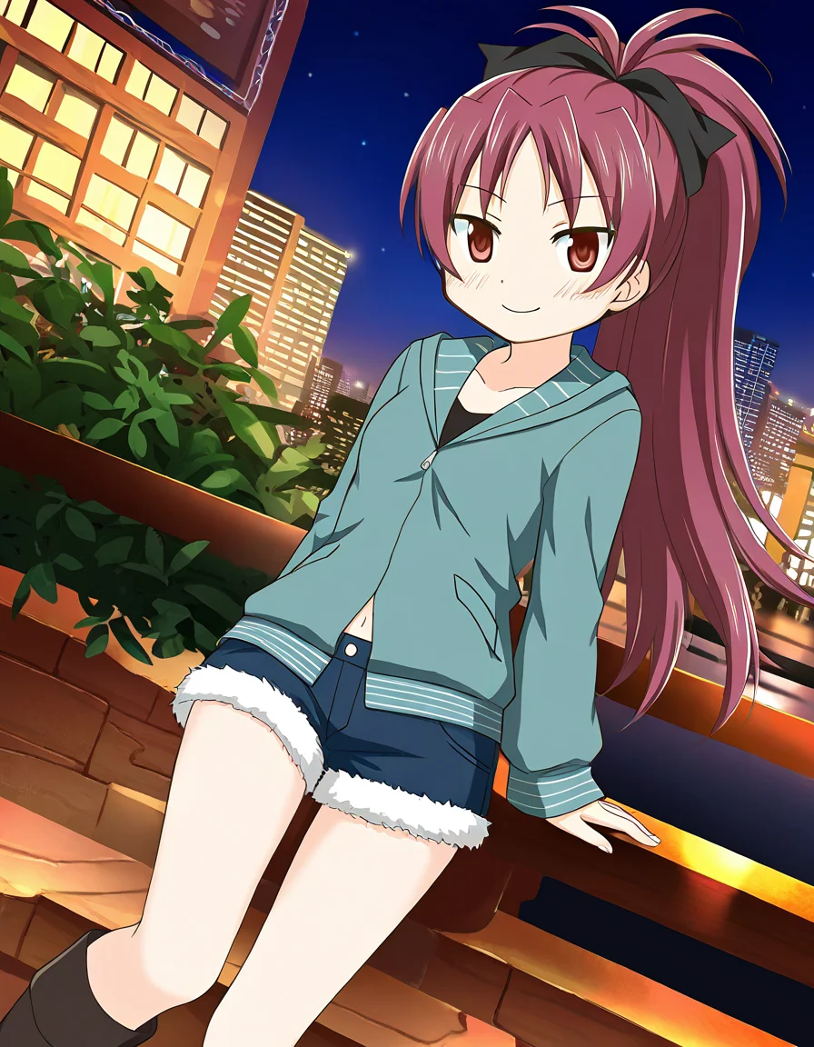 masterpiece, best quality, newest, absurdres, highres, safe, 1girl, sakura kyoko \(casual costume\), magia record: mahou shoujo madoka magica gaiden, aqua jacket, shorts, solo, night, outdoors, dutch angle, <lora:sakura_kyoko_noobaiXLNAIXL_vPred10Version:0.7>