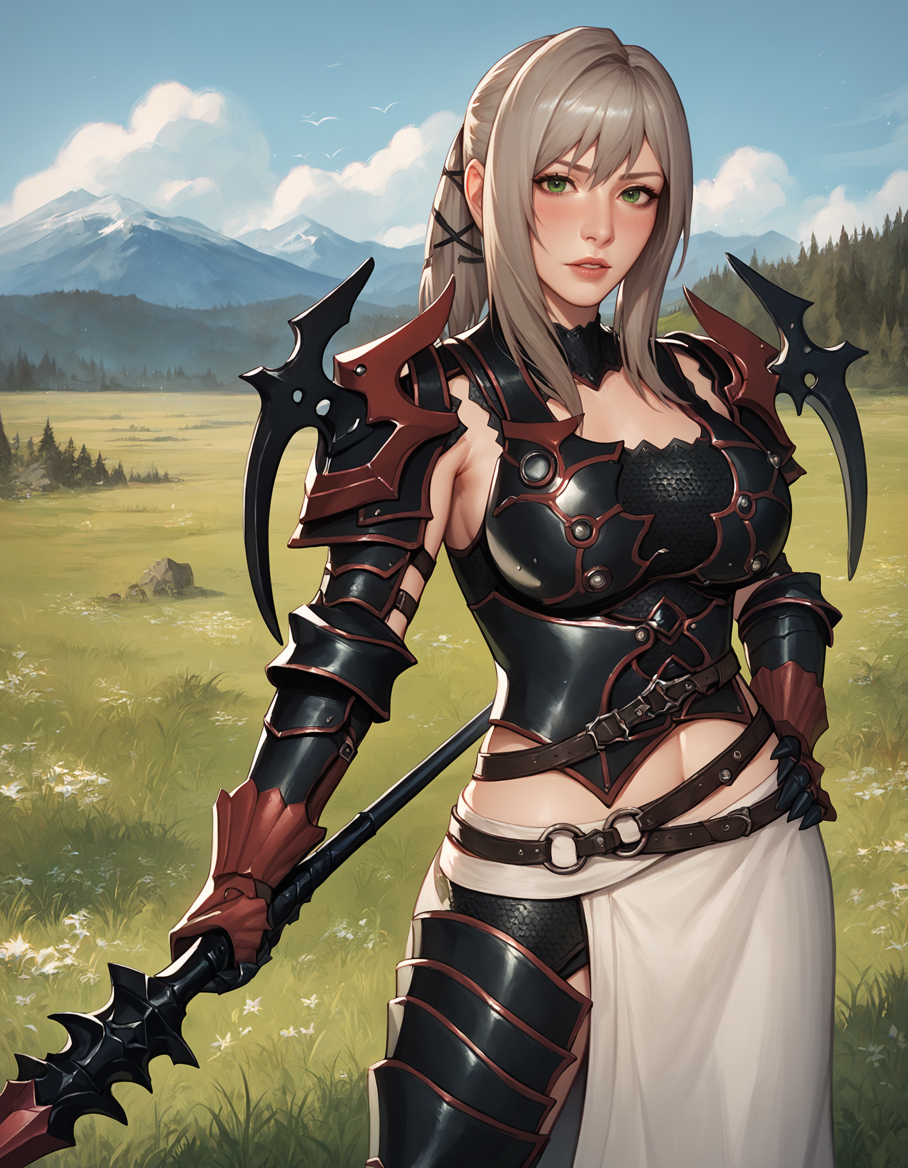 score_9, score_8_up, score_7_up, score_6_up, realistic,
A girl is standing, cowboy shot, cowboy shot, hand on own hip, holding lance, holding, lance, 5 fingers,
Aranea Highwind, 1girl, mature female, solo,
looking at viewer, blush, parted lips,
grey hair, long hair, ponytail, hair tie, green eyes,
armor, shoulder armor, gauntlets, breastplate, greaves, belt, white waist cape,
large breasts,
outdoors, meadow, mountains, grass,
 <lora:Aranea Highwind3216PDXL_1:1>