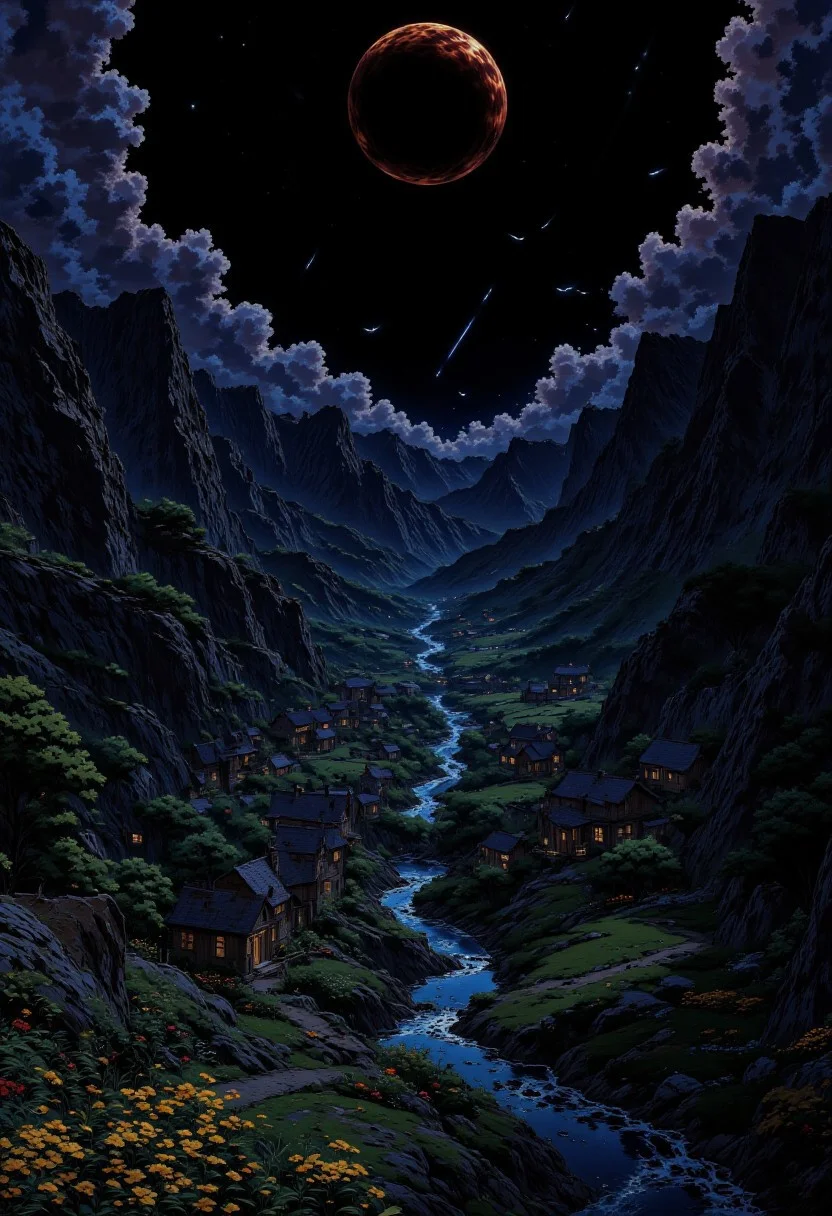 AnimeSky style, anime style, Valley of small mountains, with several small medieval houses around, with a stone path in the middle that reaches the horizon that accompanies a small river, with light clouds and a sunset of purple and blue tones, completely dark sky that has a planet with a ring of considerable size with reddish colors covered by some clouds, stars, shooting stars, silhouettes of birds in the sky, magical luminescent plants that fill the valley