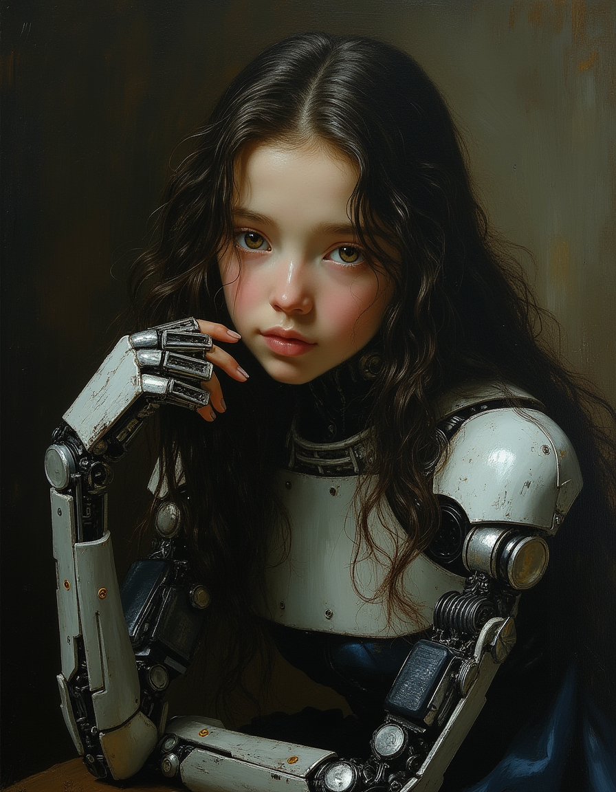 Masterpiece, high quality, Oil Painting, Porcelain young teen robot android, with robotic arms and hands, posing for a painting. Minimalist. Masterpiece, intricate lines, intriguing atmosphere, sharp magnificent details, delicate features, elaborate details, (2\3 rule composition:0.5), ultra detailed, romantic, Rembrandt lighting, brush stroke, lovely, del1cate_balance style, in the style of Rembrandt. vantablack <lora:style_of_Rembrandt_FLUX_135:.8> <lora:- Flux1 - vanta_black_V2.0:.8> <lora:Delicate_Balance:.3> <lora:neeeg_f1:-1>