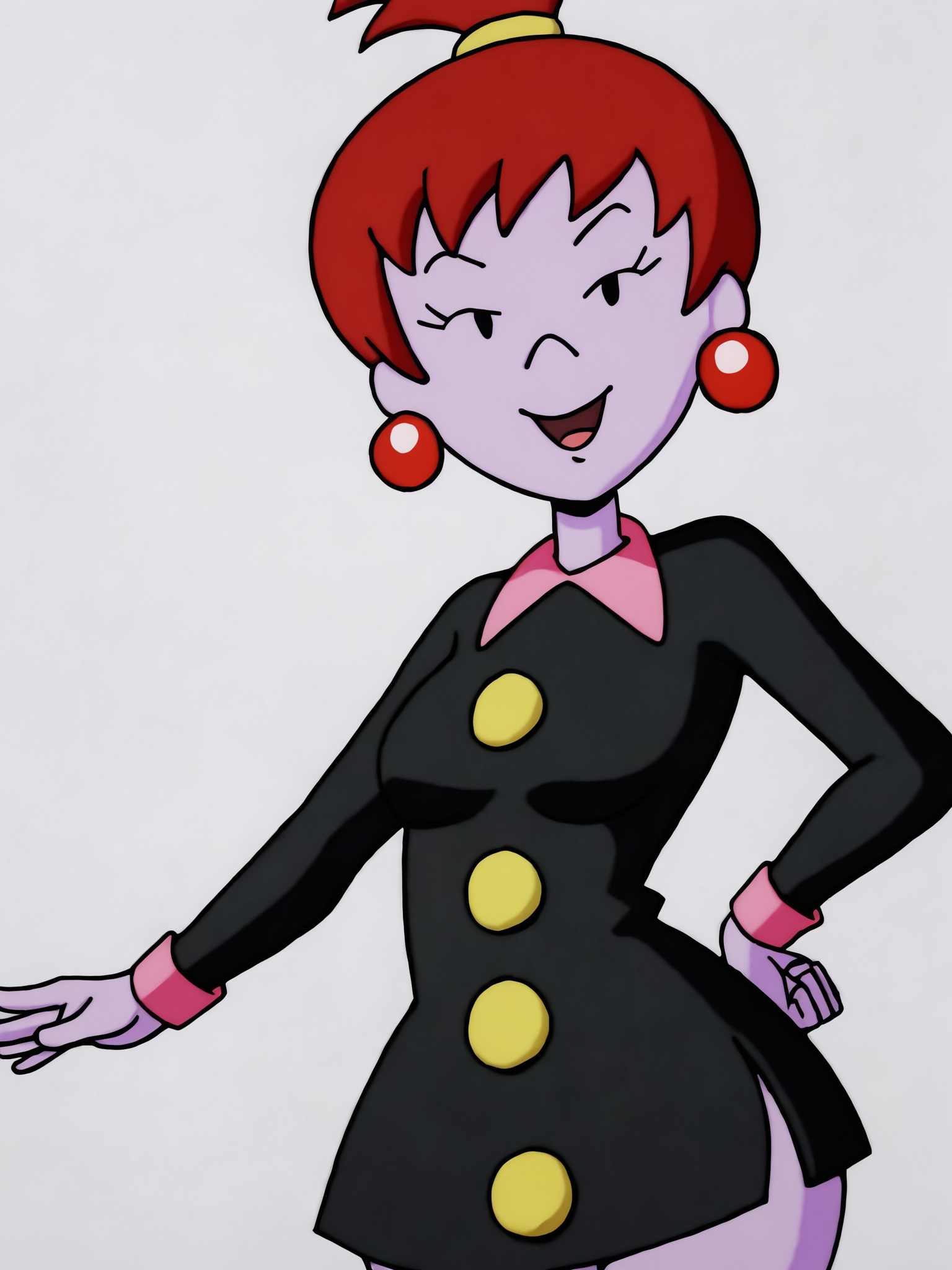 score_9, source_anime, masterpiece, high quality, BREAK, white background, 1girl, <lora:Beebee_Bluff_PDXLv0:0.5> beebee bluff, black dress, v:1.2, aged up, medium breasts, mature, wide hips,